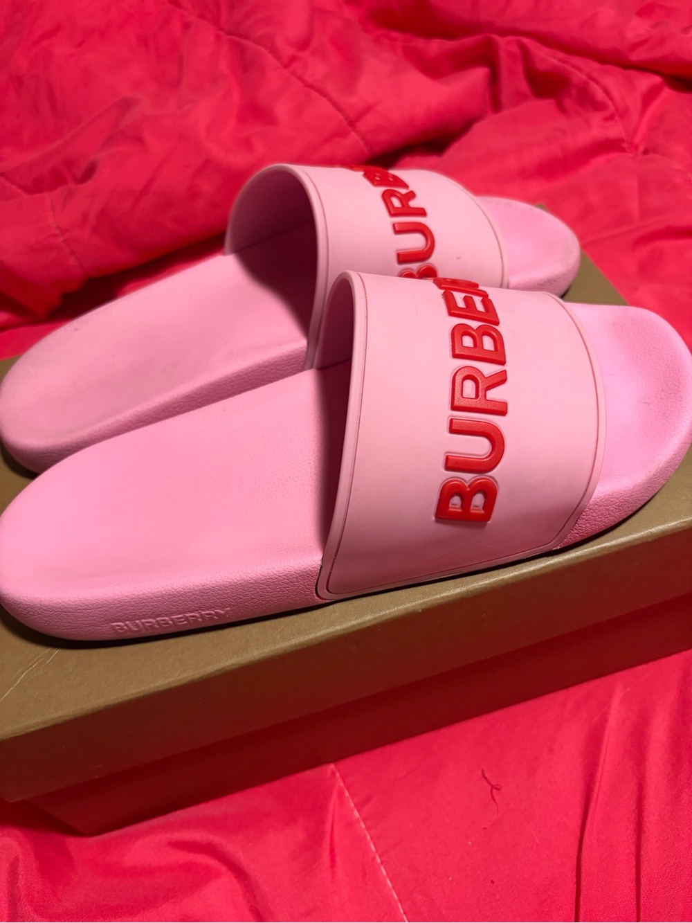 Burberry Pink Embossed Slides with Red Logo